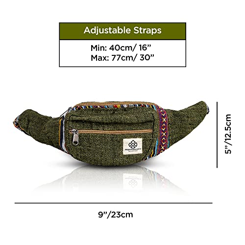 Freakmandu Eco-Friendly Green Boho Hippie Style Hemp Fanny Pack Cross Body Hip Waist Bag for Hiking Running Jogging (Safari)