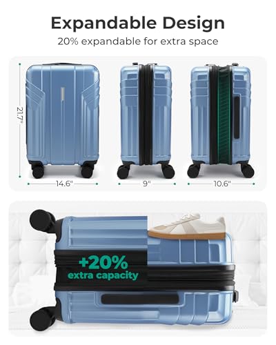 BAGSMART Expandable Carry On Luggage 22x14x9 Airline Approved, 1OO% PC Lightweight Hard Shell Suitcase, 20 Inch Travel Luggage with Spinner Wheels, Waterproof Rolling Suitcase,Blue