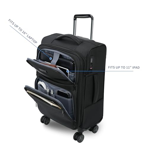 KROSER Softside Expandable Carry On Luggage with Front Business Pockets，20 Inch Suitcases with Spinner Wheels & Built-in TSA Lock, Durable Suitcase Rolling Luggage with USB Port, Black