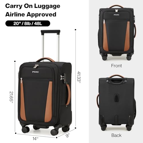mixi Carry On Luggage 20 Inch Softside Expandable Suitcase with Front Pocket, 22x14x9 Airline Approved Rolling Lightweight Travel Suitcases with Wheels & TSA (Black)