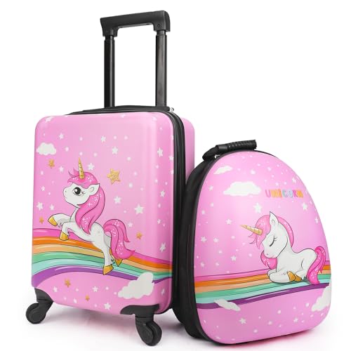 emissary Kids Suitcase for girls, 16" Hardside Unicorn Kids Luggage Set with Spinner Wheels and Backpack, Children Carry on Girls Suitcase Toddler Travel Rolling Luggage Gifts Airline Approved