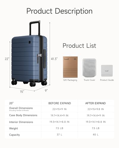 LUGGEX Carry On Luggage with Spinner Wheels - 20 inch Expandable Hard Shell Suitcases - Accelerate Access with DiHook, Handy Pouch, Blue