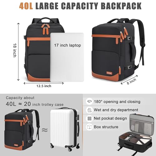 Velaybor 40L Travel Backpack, Water-Resistant Carry On Backpack for Men Women, Business Laptop Backpack for Trips & Commutes, Fits 15.6/17.3 Inch Laptop
