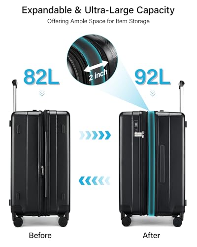 Hanke 24 Inch Plus Expandable Luggage Large Suitcases with Wheels, Medium Checked Luggage Hard Shell Suitcases, PC Trunk Luggage Extra Large Suitcase with Lock for Women Men(Jet Black)