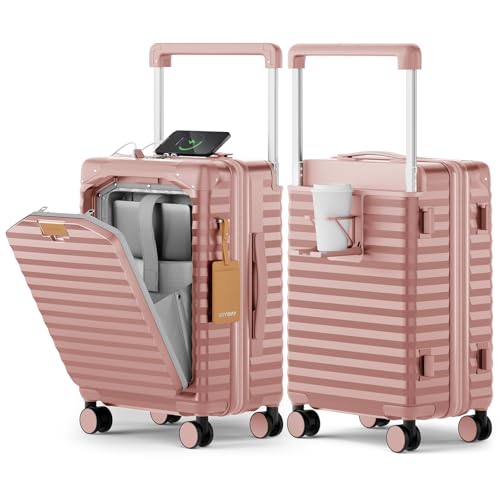 Joyway 20 Inch Carry on Luggage with Front Pocket, PC Hardshell Suitcase with USB Port and Cup Holder, 21.5x14.2x9 Airline Approved, with Spinner Wheels and TSA Lock, Rosa Gold