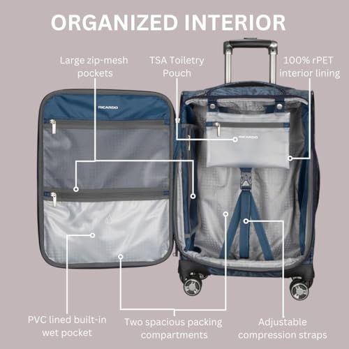 Ricardo Beverly Hills Avalon Softside Carry-On Luggage Made with Sustainable 100% Recycled PET (rPET), Lightweight, Eco-Friendly Travel, Expandable, Dual Spinner Wheels, Serengeti Night, 20-inch
