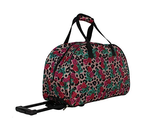 Betsey Johnson Designer Carry On Luggage Collection - Lightweight Pattern 22 Inch Duffel Bag- Weekender Overnight Business Travel Suitcase with 2- Rolling Wheels (One Size, Leopard Rose)