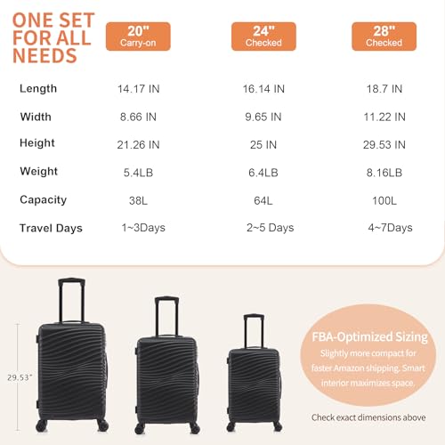 Rosamo Luggage Sets 3 Piece, ABS Suitcase Set (20/24/28), Hardside luggage with Spinner Wheels, Travel Luggage, 14x8x9 Airline Approved Carry on, Lightweight Luggage with High-Security Lock