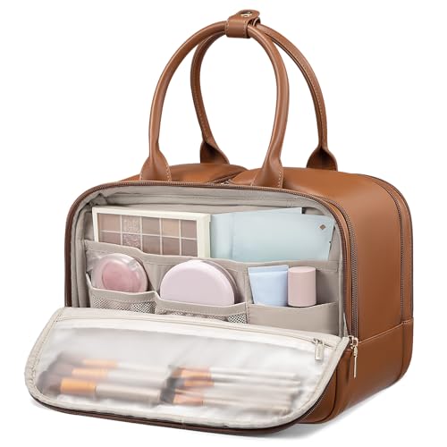 LOVEVOOK Travel Toiletry Bag for women, Leather Large Wide-open Makeup Bag, Waterproof Cosmetic Bag Organizer for Shower, Traveling, Toiletries, Bathroom