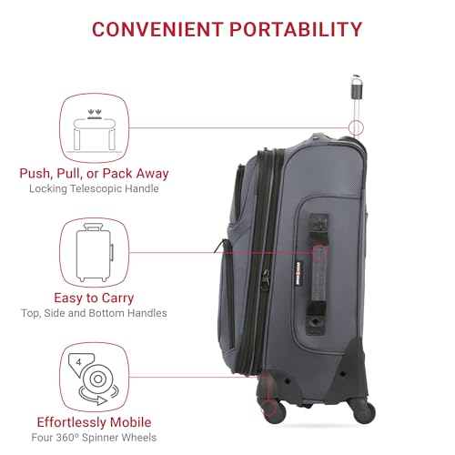 SWISSGEAR Sion Softside Expandable Spinner Luggage Durable Lightweight Travel Suitcase, Dark Grey, Carry-On