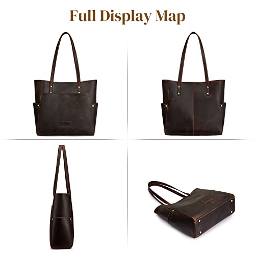 S-ZONE Genuine Leather Tote Bag Large Shoulder Purse Work Vintage Handbag for Women-dark brown