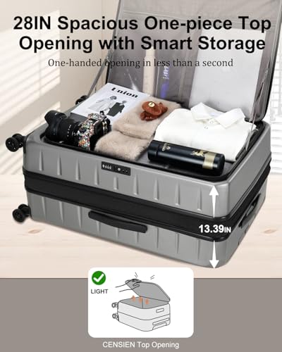 CENSIEN Luggage Sets 2 Pieces, 20 Inch Carry On Luggage and Expandable 28 Inch Checked Luggage with Spinner Wheels, Lightweight ABS+PC Hard Shell Suitcase with Front Opening, TSA Lock (Gray, 20/28)