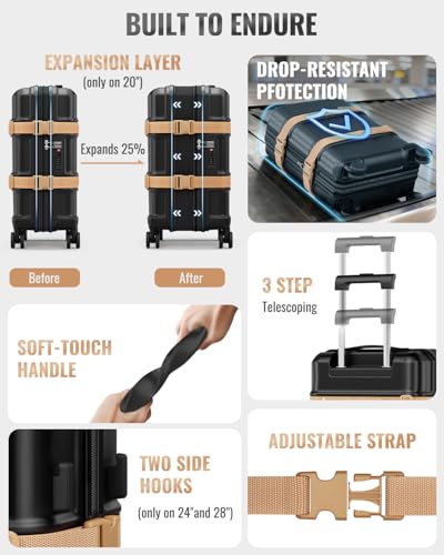 Joyway Durable Luggage Sets, 3 Piece PC+ABS Hardshell Suitcases with 2 Exterior Straps, Expandable 20 Inch & 24/28 Inch Travel Set with Spinner Wheels, TSA Lock, YKK Zipper, Black