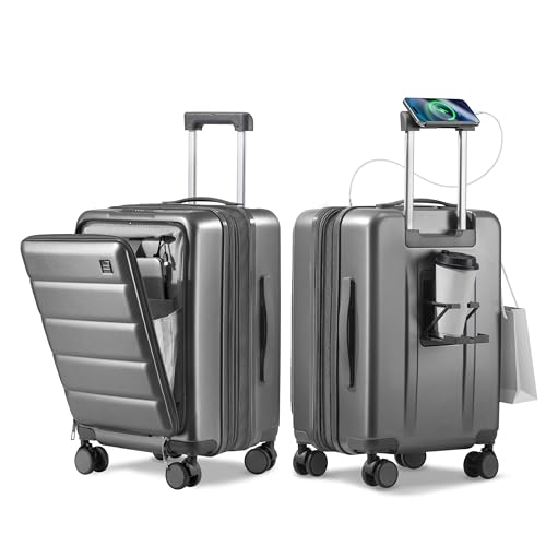 ISLAND ELEPHANT 20IN Carry On Luggage Airline Approved - Expandable Hardside Suitcase with 16" Laptop Compartment, Cup Holder, Phone Mount, USB Port,TSA Lock, 360°Spinner Wheels (Grey)
