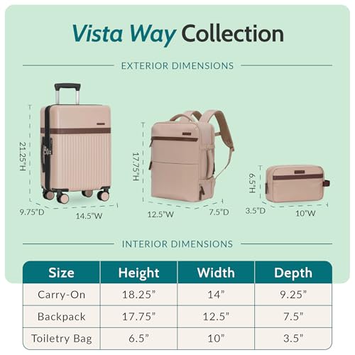 U.S. Traveler Vista Way 3-Piece Travel Set, 21-Inch Carry-on Hardside with TSA Lock, 18-Inch Travel Backpack with Laptop Sleeve, Toiletry Bag, Beige