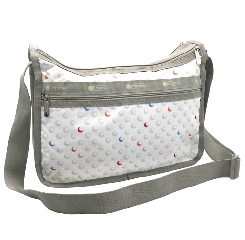 LeSportsac Sunlit Bubbles Deluxe Everyday Crossbody Bag + Cosmetic Bag, Style 7507/Color E553, Crisp White w Playful Bubbles, Vibrant Shades of Red, Blue, Orange, Muted Shades of Pink, Lt Blue & Khaki