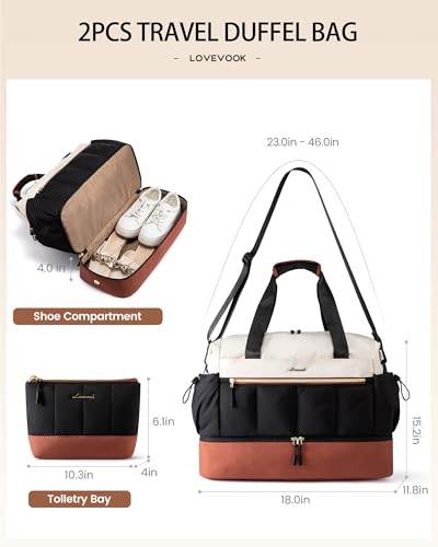LOVEVOOK Travel Duffel Bag, Weekender Bags for Women, Large Overnight Bags with Shoe Compartment, 38L Carry on Gym Hospital Bag with Wet Pocket, 2 Pcs