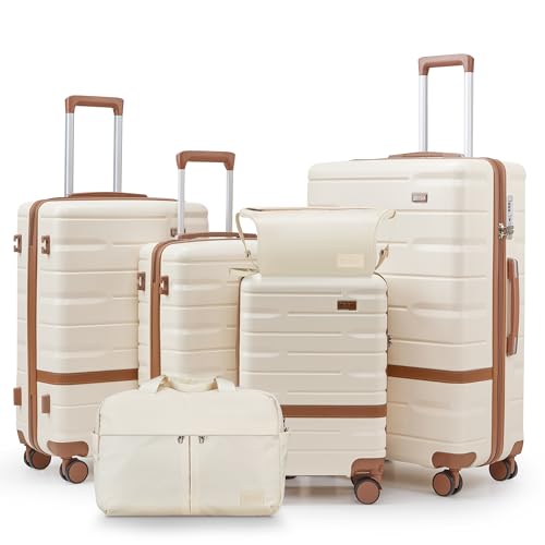NEISIA Luggage Sets Lightweight Hard Shell Suitcases with Spinner Wheels for Family Travel - Durable PC+ABS Material Carry On Luggage YKK Zippers (Beige, 6 Piece Fathers Day Gift for Dad Men Husband