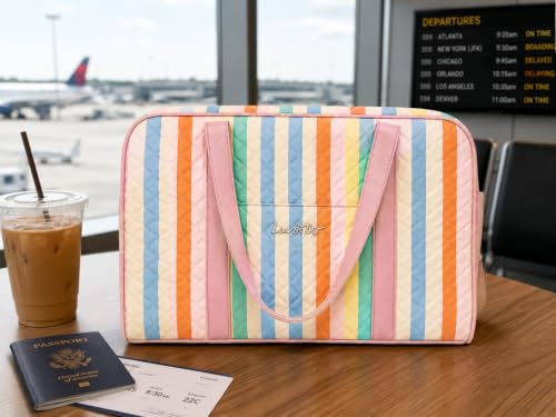 Luv Betsey by Betsey Johnson Rainbow Stripe Quilted Weekender Duffel Travel Bag with Adjustable Crossbody Strap & Luggage Sleeve, 18" x 12"