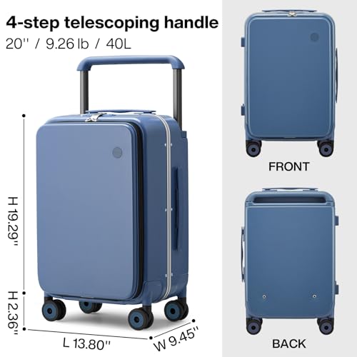 mixi Carry On Luggage Wide Handle Luxury Design Rolling Travel Suitcase PC Hardside with Aluminum Frame Hollow Spinner Wheels, with Cover, 20 inch, Sapphire Blue