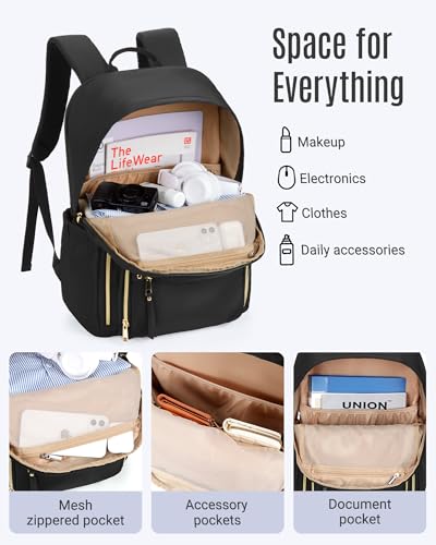 LIGHT FLIGHT Women's Laptop Backpack Fit for 15.6 Inch for Travel Work Business College, Large Capacity Stylish Bookbag with USB Port and Water-Resistant for Daily Use,Black