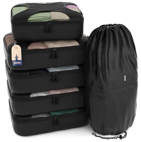 Shacke Packing Cubes for Travel 6 Set - Premium Luggage Organizer Bags - Versatile Travel Organizer for Women and Men - Optimized Packing Bags - Travel Essentials (Pure Black)