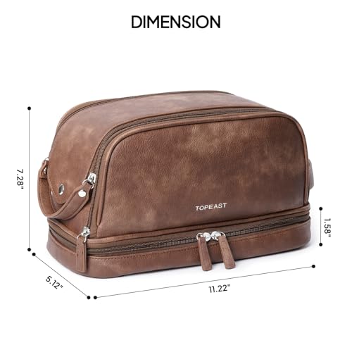 TOPEAST Toiletry Bag for Men, Large PU Leather Dopp Kit with Waterproof Wet Pocket, Double Layer Travel Toiletry Organizer with Brush Compartment, Shaving Bag with Handle, Brown