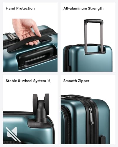 Carry on Luggage 22x14x9 Airline Approved, LTB PC Hard Shell Suitcase with Front Pocket, Expandable Luggage with USB Port (FX-Lite, Teal, 20 Inch, 37L-42L)