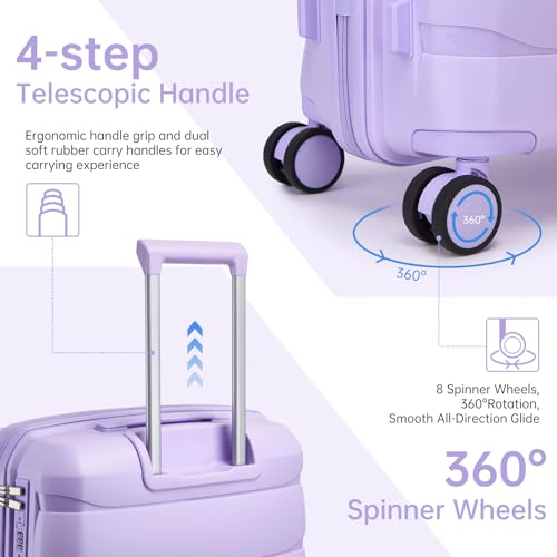 TRIPLAYER Carry On Luggage 22x14x9 Airline Approved, 22 Inch PP Hardshell Luggage Carry-on Suitcase with Spinner Wheels, Carry On Suitcase Set for Women (Lavender)
