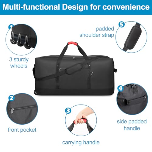 Finnhomy 120L Foldable Rolling Duffel Bag with 3 Wheels, Light Weight Travel Duffel bag with Large Loading Capacity, 32'' Rolling Duffel bag with Shoulder Strap (Black)