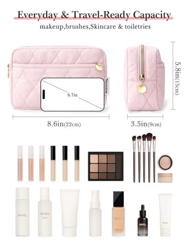Noozion Makeup Bag Travel Toiletry Bag, Puffy Padded Cosmetic Bag for Women, Makeup Organizer Case, Wide-open Pouch Purse, Travel Essentials