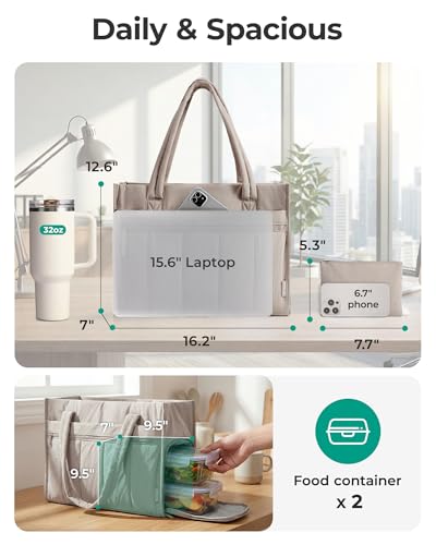 BAGSMART Tote Bag for Women Puffer 15.6 Inch Laptop Work Bag Large Purse Shoulder Handbag Crush Bow Tote with Insulated Lunch Bag for Travel Office Gym, Camel