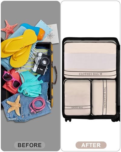 Ougrand 9 Set Packing Cubes Luggage Packing Organizers for Travel Accessories Space Saving Travel Bags for Carry On, Lightweight Mesh Zipper, Clothes, Shoes, Laundry and Shoe Bag, Suitcases (Cream)