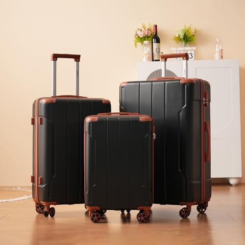 Merax Luggage Set 3 Piece, Hard Shell Suitcase Set with Spinner Wheels, Lightweight and Durable, Telescoping Handle, Carry On Luggage for Business and Vacation Travel (Black Brown)