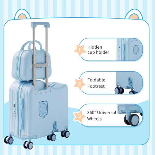 TABU Ride-on Luggage with Portable Bag for Kids，Hardshell Carry On Suitcase with Hidden Cup Holder, Foldable Pedal,Type-C & USB Interface, TSA Lock, 6-Spinner Wheels, Blue