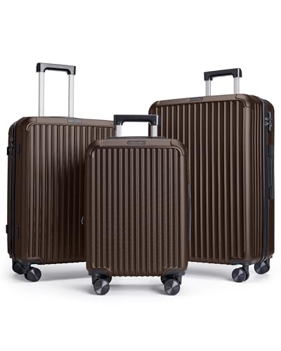 LIGHT FLIGHT Luggage Sets, Durable Hard Shell 3 Piece Set Suitcase with Spinner Wheels, Hardside Lightweight Luggage set with TSA Lock, Large Travel Luggage Set (20" 24" 28"),Coffee Brown
