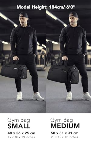 Fitgriff® Gym Bag for Men & Women with Shoe & Wet Compartment - Duffle Bag for Travel, Sports, Fitness & Workout (Full Black, 19 x 10 x 10″ (Small))
