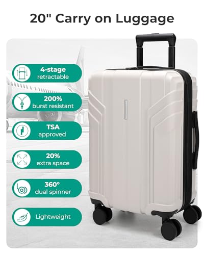 BAGSMART Expandable Carry On Luggage 22x14x9 Airline Approved, 1OO% PC Lightweight Hard Shell Suitcase, 20 Inch Travel Luggage with Spinner Wheels, Waterproof Rolling Suitcase, Biege