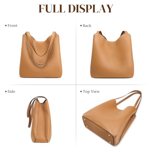 S-ZONE Soft Genuine Leather Tote Bag for Women Shoulder Handbag with Zipper Purses with Bottom Metal Rivets (brown)