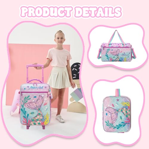 Homskiii Kids Luggage Set with Wheels Girls Cute Mermaid Travel Softside Suitcases 16" Carry on Suitcase with Duffle Bag Girls Luggage Sets Airline Approved