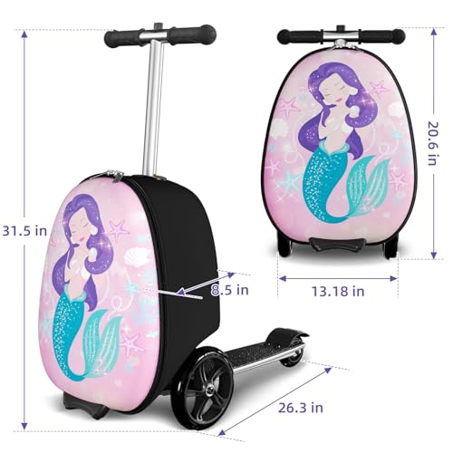 Baotree Scooter Suitcase for Kids, 2 in 1 Ride-on Luggage with Flash PU Wheels, Adjustable Handle & TPR Non-Slip Grip, Foldable & Lightweight, Ages 5-12