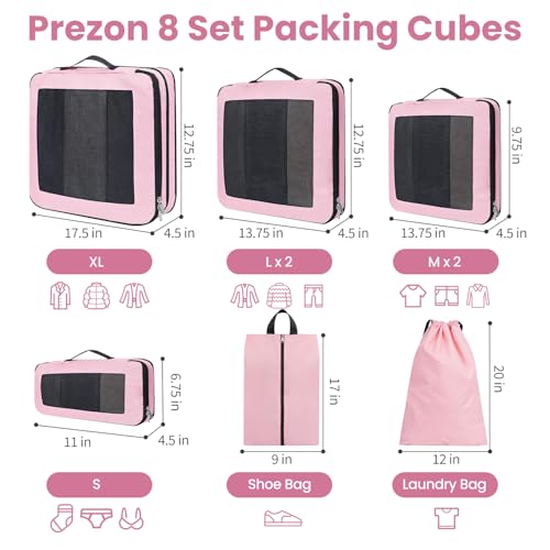 Prezon Compression Packing Cubes for Travel, Lightweight Vacation Travel Essentials, Travel Accessories for Suitcase Organizer Bags Set, Durable Luggage Organizer, 8 set, squre mesh, Rose Pink