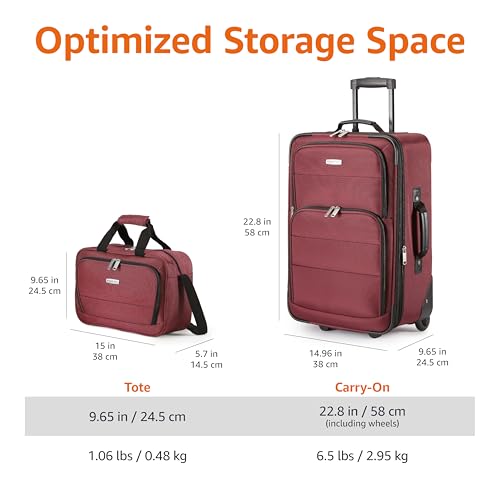 Amazon Basics 2-Piece Softside Luggage Set, 23-Inch Expandable Suitcase with Wheels and 15-Inch Tote, Front Pockets, Telescopic Handle, Burgundy