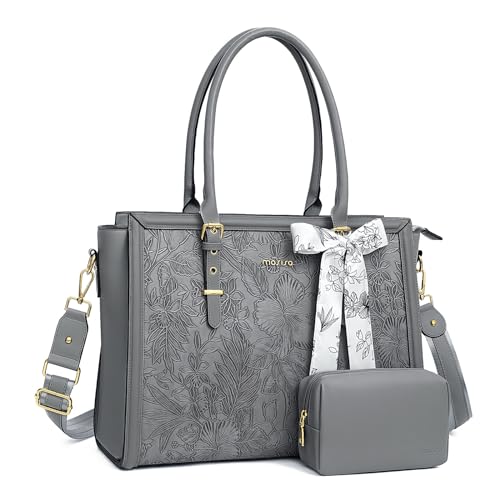 MOSISO Laptop Bag for Women, 15.6-16 inch PU Leather Tote Bag Compatible with MacBook, HP, Dell, Asus Notebook, Front Embossed Retro Hibiscus Computer Bags with Silk Scarf&Clutch Purse, Gray