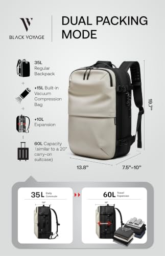 BlackVoyage Vortex Vacuum Seal Travel Backpack 60L Expandable Air Compression System Water Resistant TSA Lock Carry-On Suitcase Luggage White AERO Essential Series Vacuum Pump Included