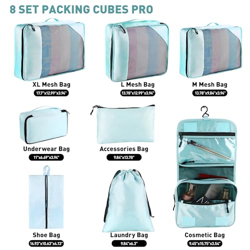 Toncoke 8-Piece Packing Cubes for Travel, 2026 Upgraded Durable Zippers & Reinforced Mesh, Complete Luggage Organizer Set with Shoe/Toiletry/Laundry Bags, 4 Sizes for Suitcase, Men Women, Lake Blue