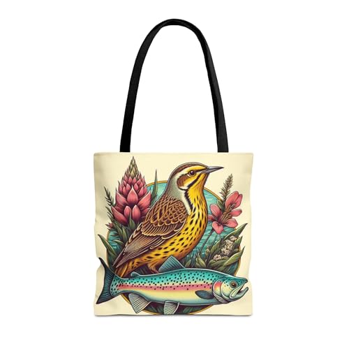 Premium Montana Inspired Tote Bag - Bitterroot, Western Meadowlark, Cutthroat Trout with Reinforced Stitching