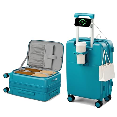 Hanke 20 Inch Expandable Carry On Luggage with Cup Holder 22x14x9 Airline Approved, Top Opening Hard Shell Suitcases with Wheels, Carry-On Travel Suitcase Trunk Luggage with Lock, Caribbean Blue