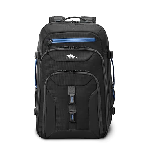 High Sierra Hi-Life Travel Backpack - Features 2-inch Expansion, WetPak Pockets, 17” Laptop Compartment, Stack-It Strap, Adjustable Sternum Strap, Fleece Pocket, Dual Water Bottle Pockets - Blue/Black