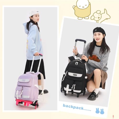 MITOWERMI Rolling Backpack for Girls, Backpack with Wheels for Girls, Kids Roller Trolley Bags Wheeled School Bookbag Purple-6 wheels